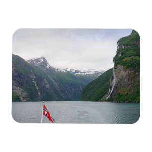 Geiranger fjord with Norwegian flag magnet