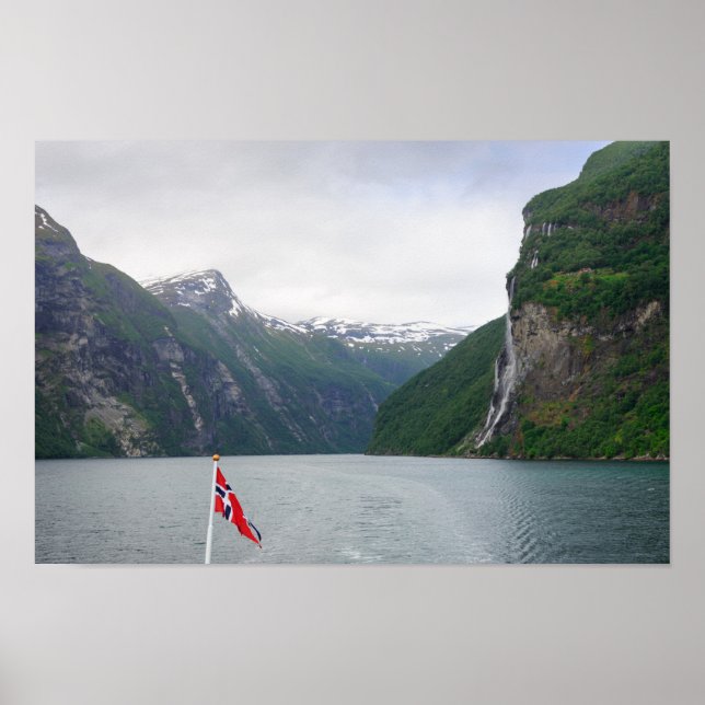 Geiranger fjord with Norwegian flag poster (Front)