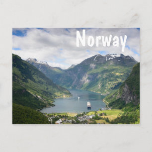 Geirangerfjord white text postcard