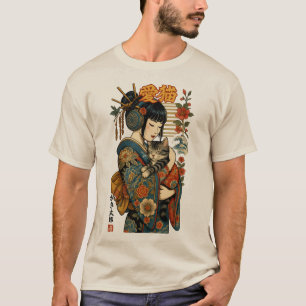Geisha and Cat – Japanese Floral T-Shirt