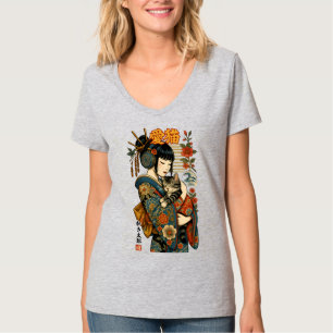 Geisha and Cat – Japanese Floral T-Shirt