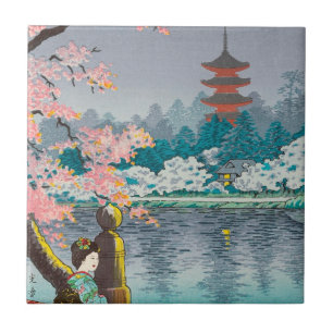 Geisha and Cherry Tree, Ueno Park japanese scenery Tile