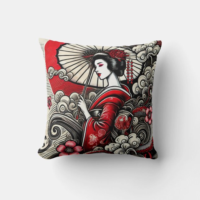 Geisha Art Throw Pillow - Japanese Elegance (Front)