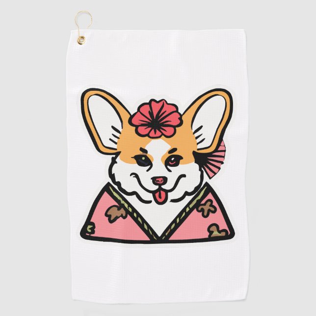 Geisha Corgi Dog Lover Welsh Golf Towel (Front)