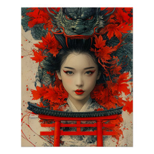 Geisha & Dragon - Japanese Art Poster