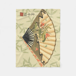 Geisha Fan with Leaves and Floral Print Fleece Blanket