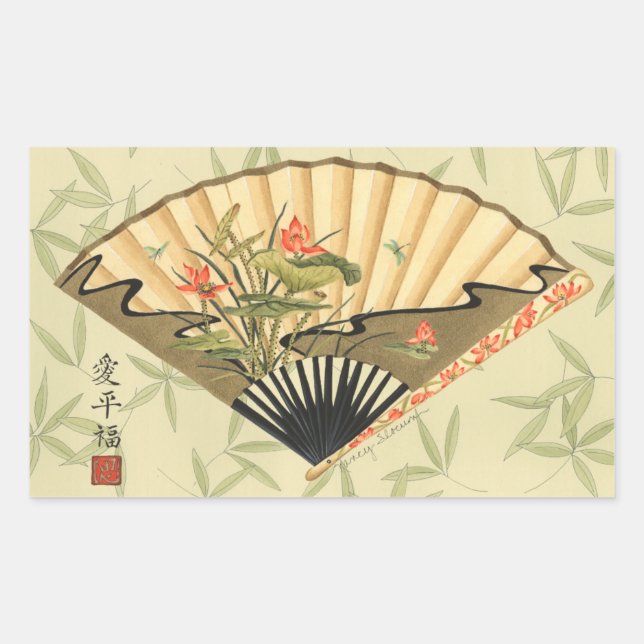 Geisha Fan with Leaves and Floral Print Rectangular Sticker (Front)
