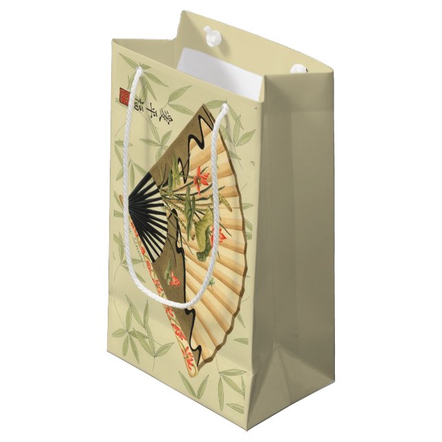 Geisha Fan with Leaves and Floral Print Small Gift Bag (Front Angled)