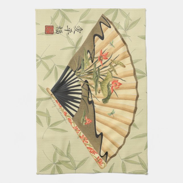 Geisha Fan with Leaves and Floral Print Tea Towel (Vertical)