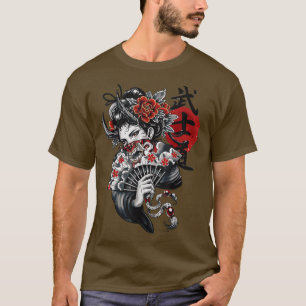 Geisha Girl Katana Sword and Tattoo of Dragon Japa T-Shirt