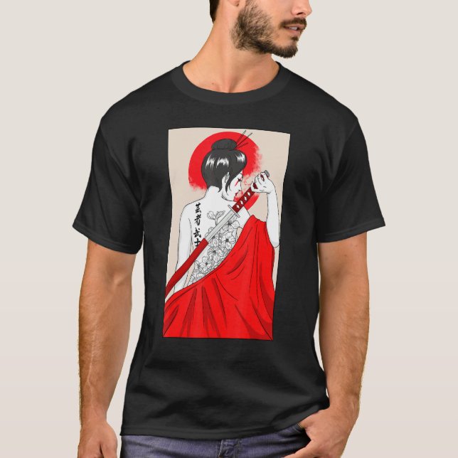 Geisha Girl Katana Sword And Tattoo Of Japanese Fl T-Shirt (Front)