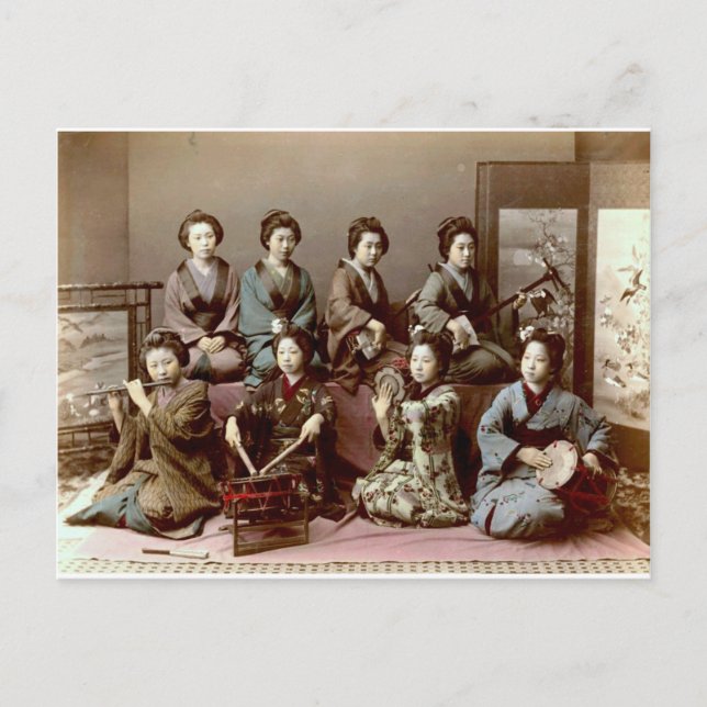 Geisha Girls Playing Instruments - Kusakabe Kimbei Postcard (Front)