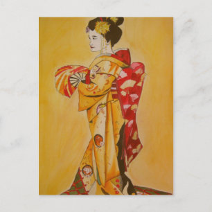Geisha gold kimono original watercolor art postcard
