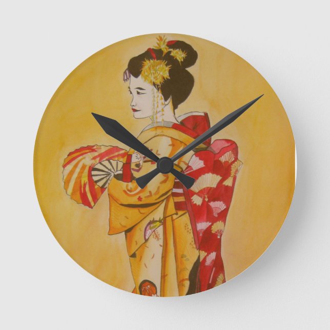 Geisha gold kimono original watercolor art round clock (Front)