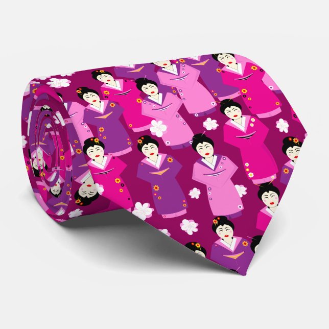 Geisha in Kimonos Japanese Pattern Tie (Rolled)