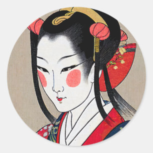 Geisha In Red Blue Kimono   Ukyio-e Japanese Art Classic Round Sticker