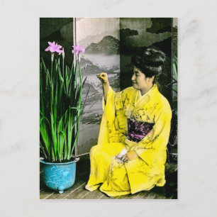 Geisha in Yellow Kimono Arranging Flowers Vintage Postcard