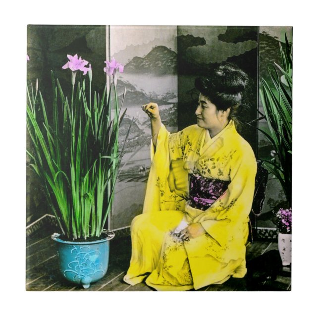 Geisha in Yellow Kimono Arranging Flowers Vintage Tile (Front)