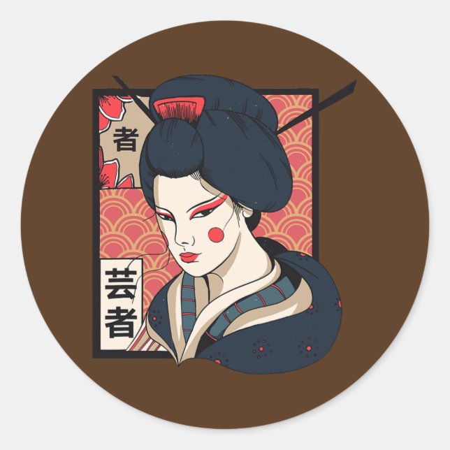 Geisha Japanese Kawaii Girl In Kimono Geisha Girl Classic Round Sticker (Front)