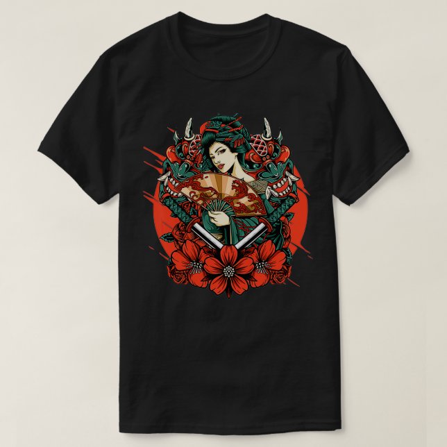 Geisha Japanese Oni Mask Yokai Samurai Katana Swor T-Shirt (Design Front)