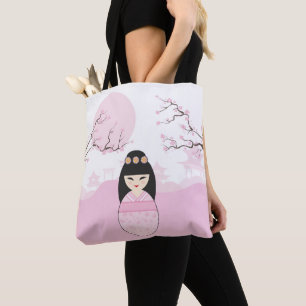 Geisha Kokeshi Doll on Typical Japanese Landscape Tote Bag