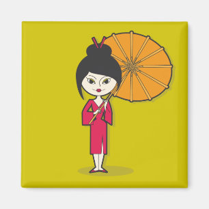 Geisha Lady cartoon on a green background Magnet