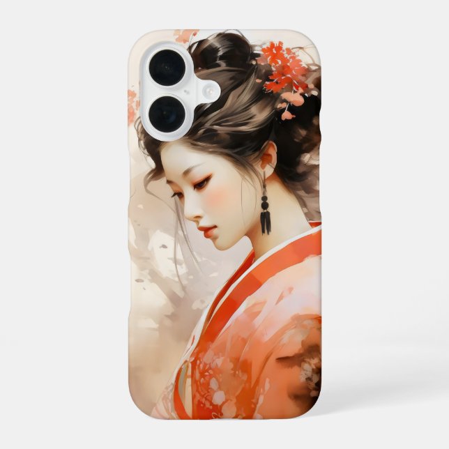 Geisha Orange Ink iPhone 16 Case (Back)
