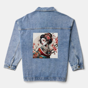 Geisha Portrait Denim Jacket Floral Back Art