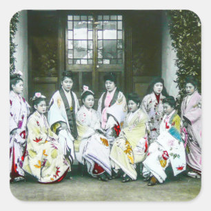 Geisha Posing by Brothel Vintage Glass Slide Square Sticker