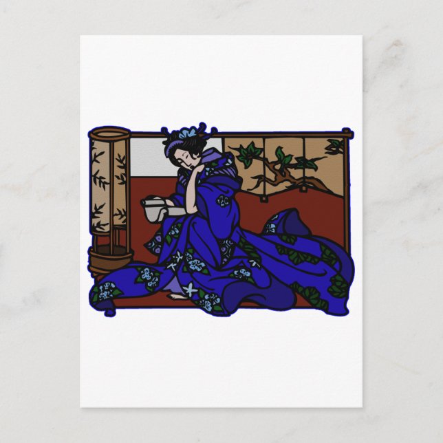 Geisha Reading in Blue Kimono Postcard (Front)
