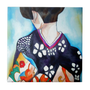 Geisha with dark blue kimono original art painting tile