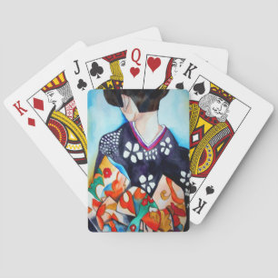 Geisha with dark blue kimono original art playing cards