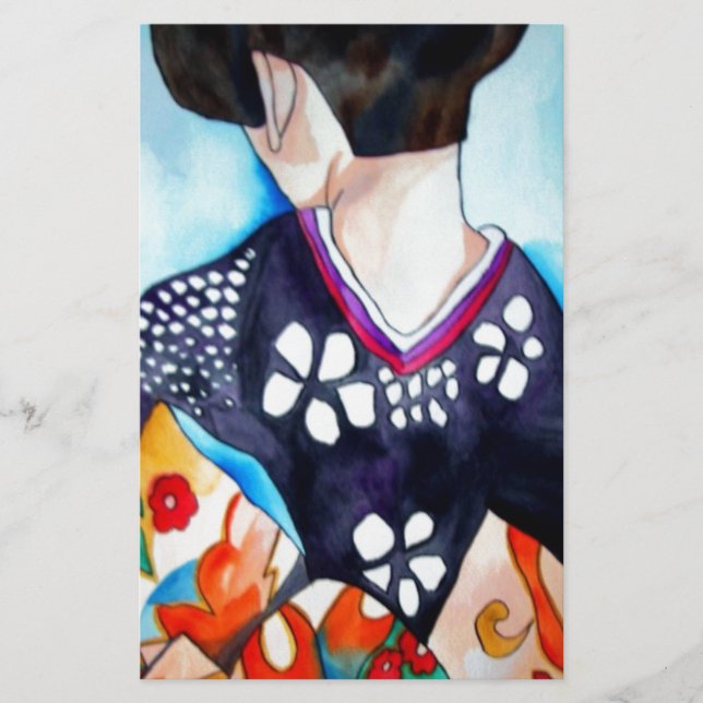 Geisha with dark blue kimono original art stationery (Front)