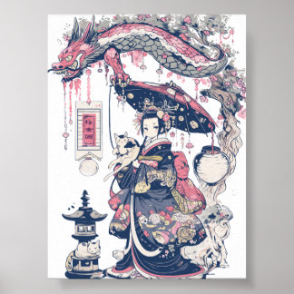Geisha With Dragon and Cats 37007 Poster
