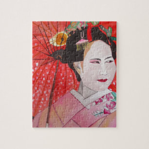Geisha with Red Umbrella original art painting Jigsaw Puzzle