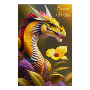 Gelber Drache, fantasievolle Digital Art Poster