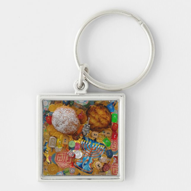Gelt, Dreidels, Menorah, Sufganiot, & Latke Key Ring (Front)