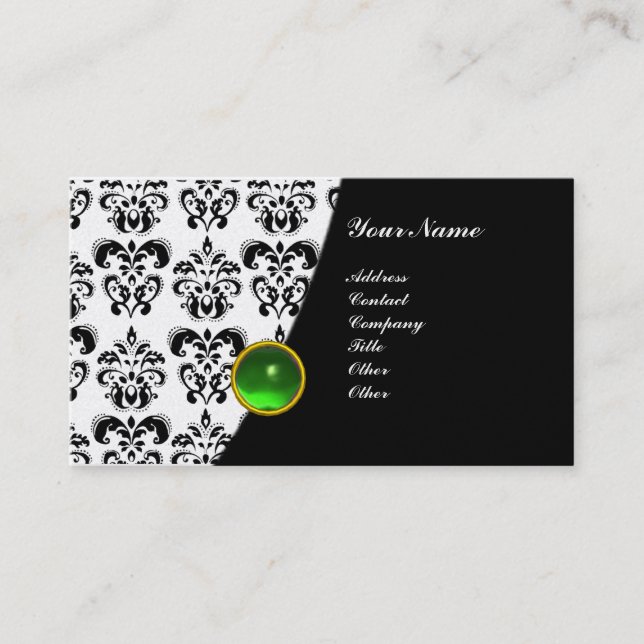 GEM DAMASK MONOGRAM green emerald platinum Business Card (Front)