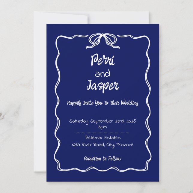 Gem & Pen Wedding Invitation Royal Blue  (Front)