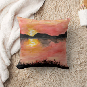 Gemalter Sonnenuntergang Aquarell/Tusche - Badhan Cushion