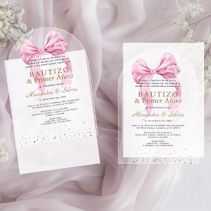 Gemelas Hijas Lazo Rosa Primer Añito Bautizo Acrylic Invitations