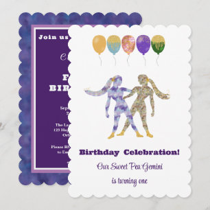 Gemini 1st Birthday Impressionist Gold Glitter Invitation