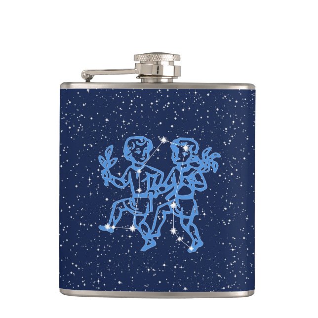 Gemini Constellation and Zodiac Sign with Stars Hip Flask (Front)