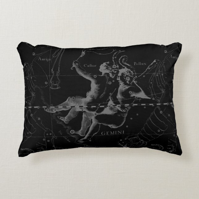 Gemini Constellation Hevelius 1690 on Black Decorative Cushion (Front)