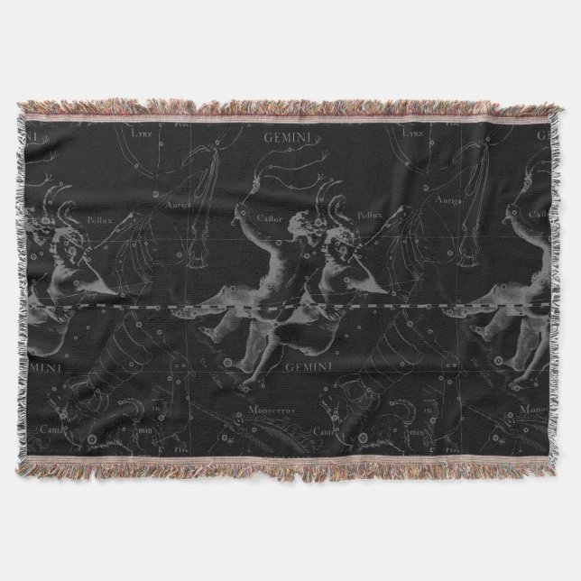 Gemini Constellation Hevelius 1690 on Black Throw Blanket (Front)