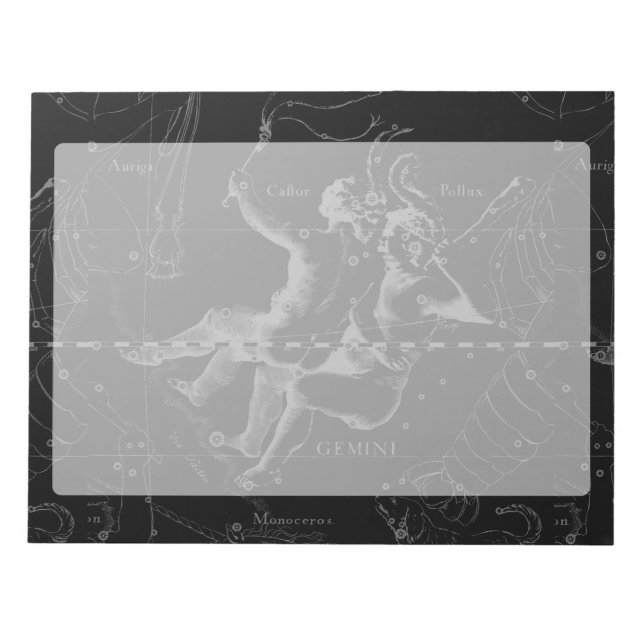 Gemini Constellation Map Hevelius 1690 on Black Notepad (Front)