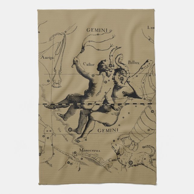 Gemini Constellation Zodiac Hevelius 1690 Tea Towel (Vertical)