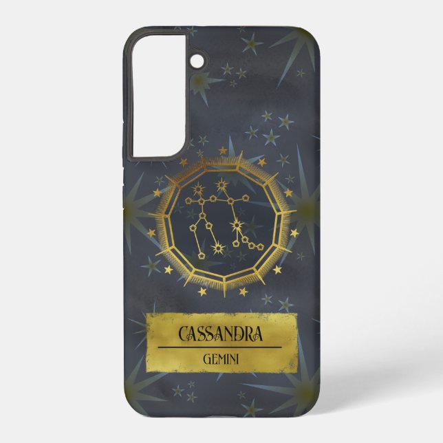 Gemini Dark Zodiac Astrology: Black & Gold Samsung Galaxy S22+ Case (Back)