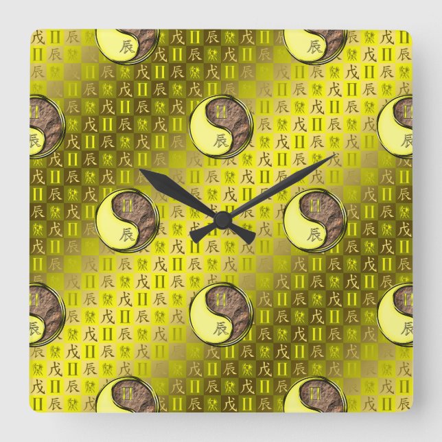 Gemini & Earth Dragon Square Wall Clock (Front)