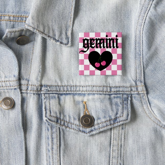 Gemini Gothic Aesthetic Checkered Cherries Design 15 Cm Square Badge (In Situ)